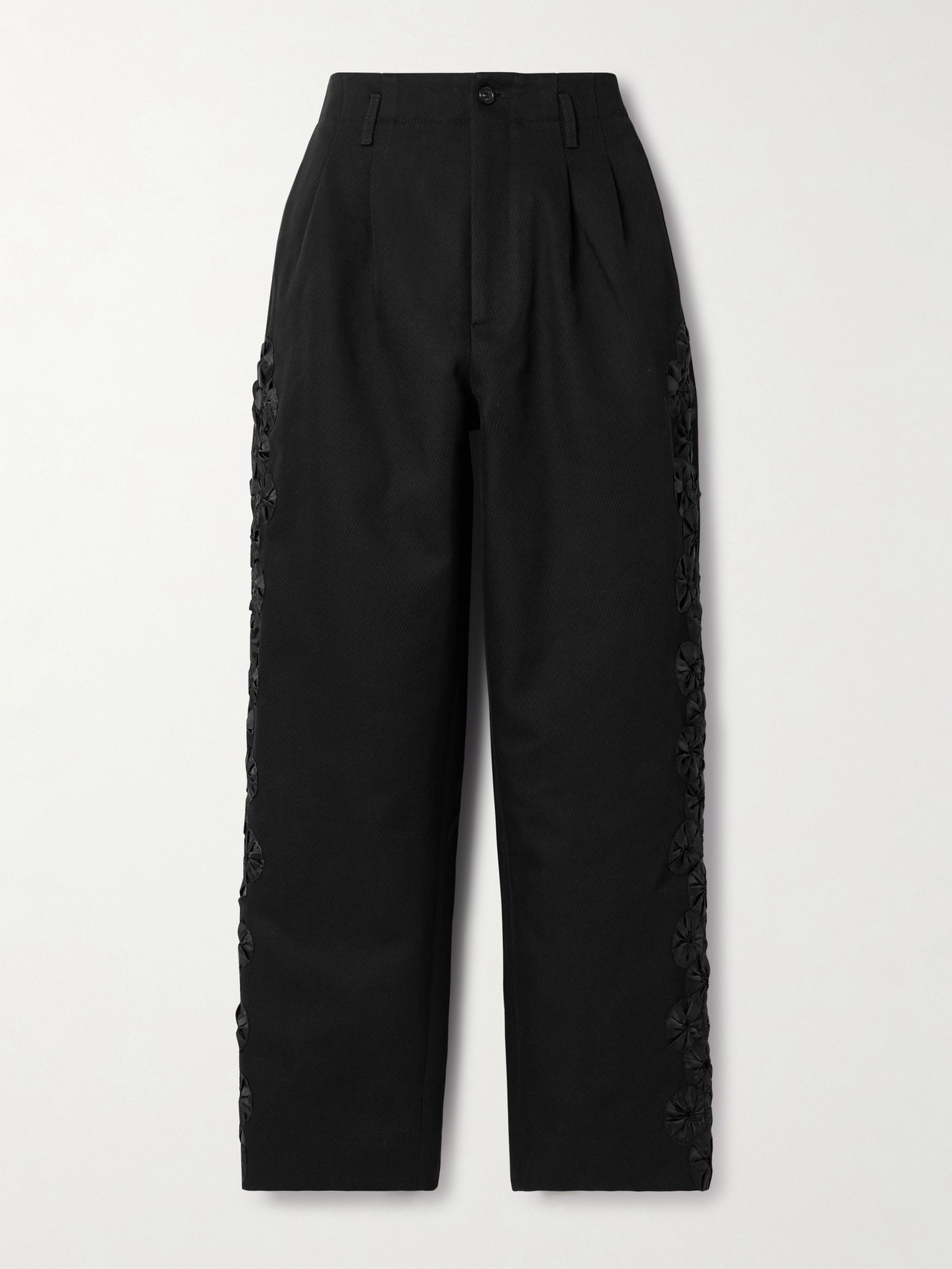 Bode Ribbon Garland Satin-trimmed Pleated Cotton-twill Wide-leg Pants