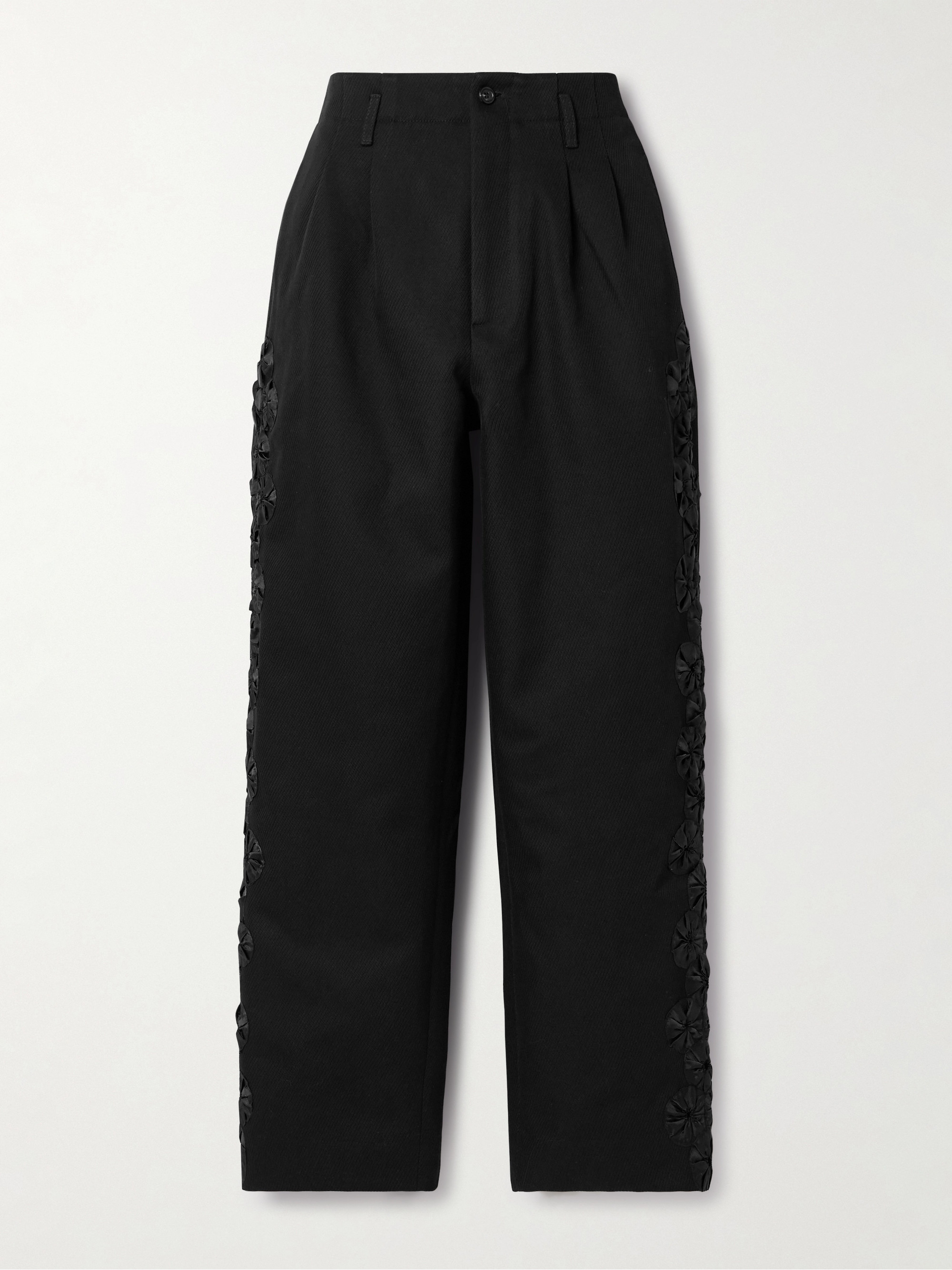 Bode Ribbon Garland satin-trimmed pleated cotton-twill wide-leg pants