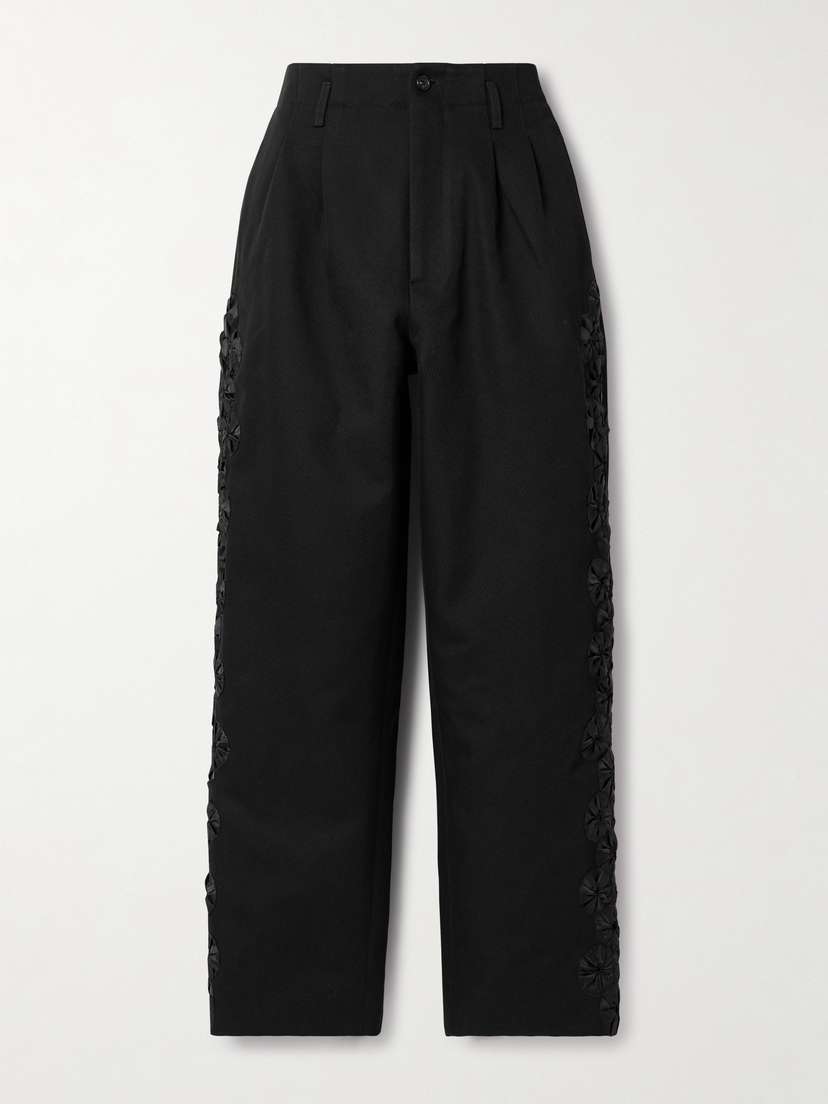 BODE Ribbon Garland Satin-trimmed Pleated Cotton-twill Wide-leg Pants