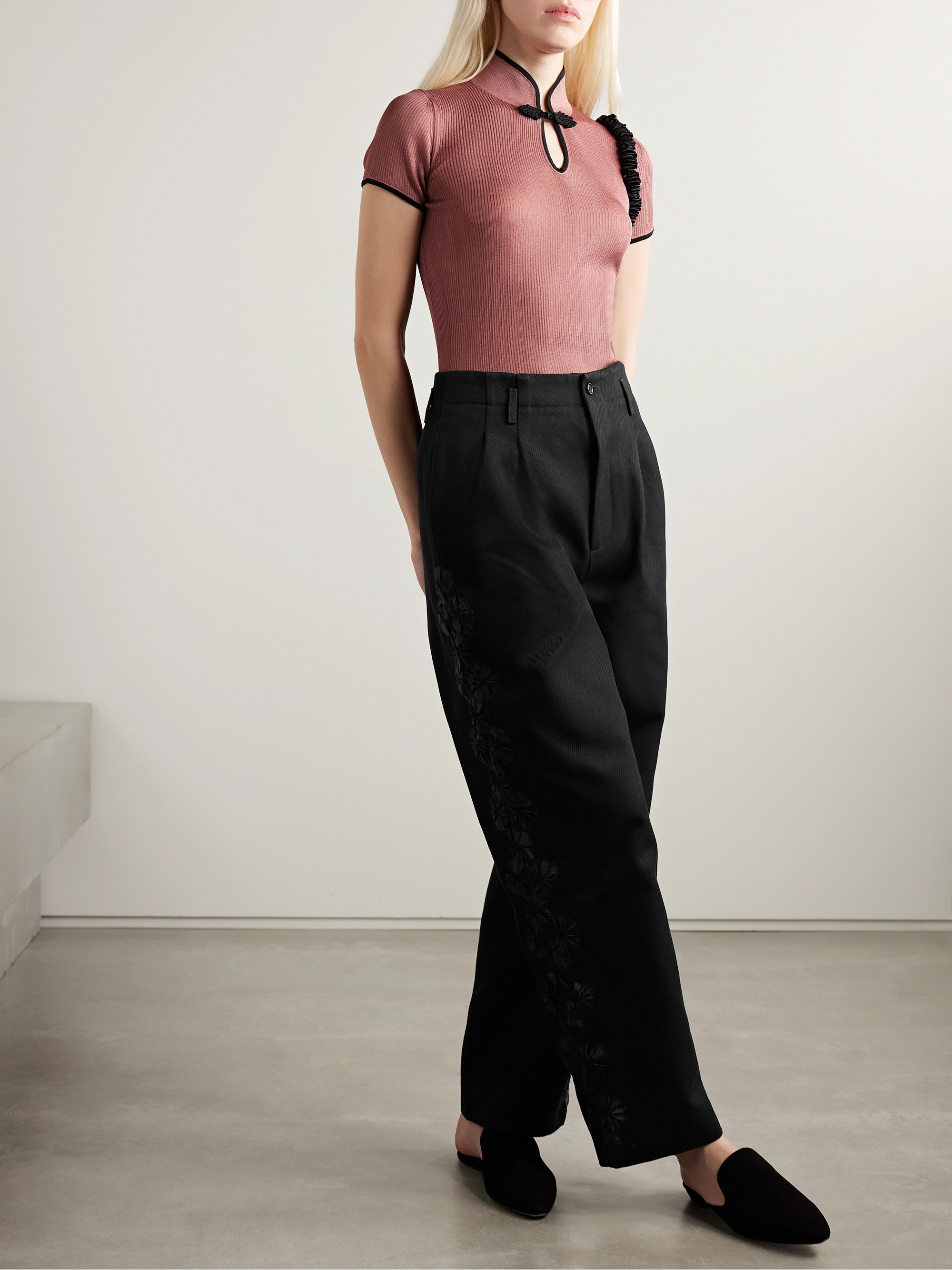 Bode Ribbon Garland satin-trimmed pleated cotton-twill wide-leg pants