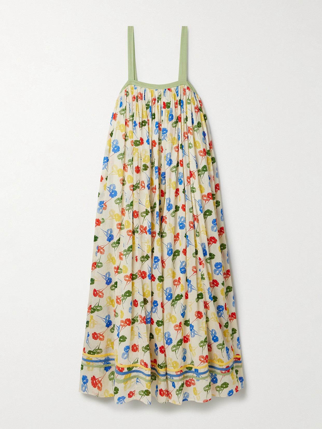 Bode Gathered Floral-print Cotton-voile Maxi Dress In Multi