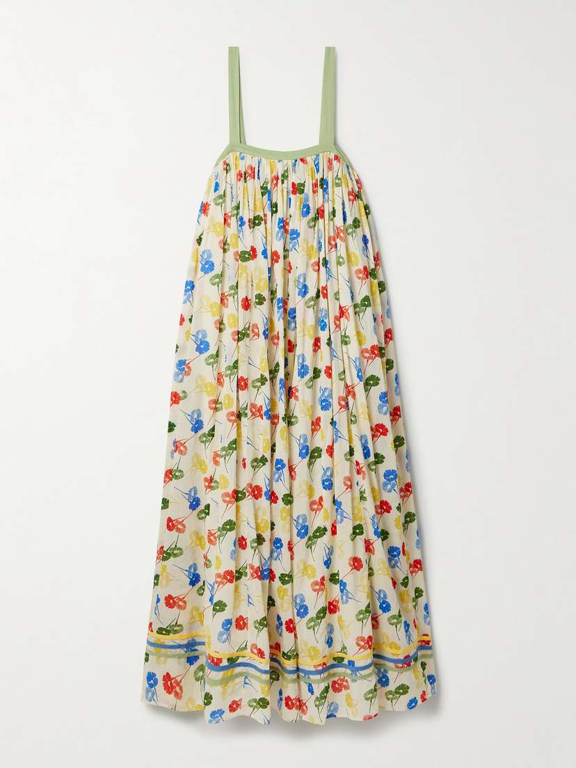 BODE Gathered Floral-print Cotton-voile Maxi Dress