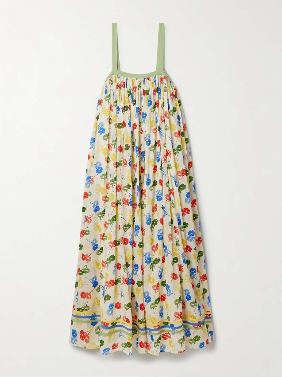 gathered floral-print cotton-voile maxi dress