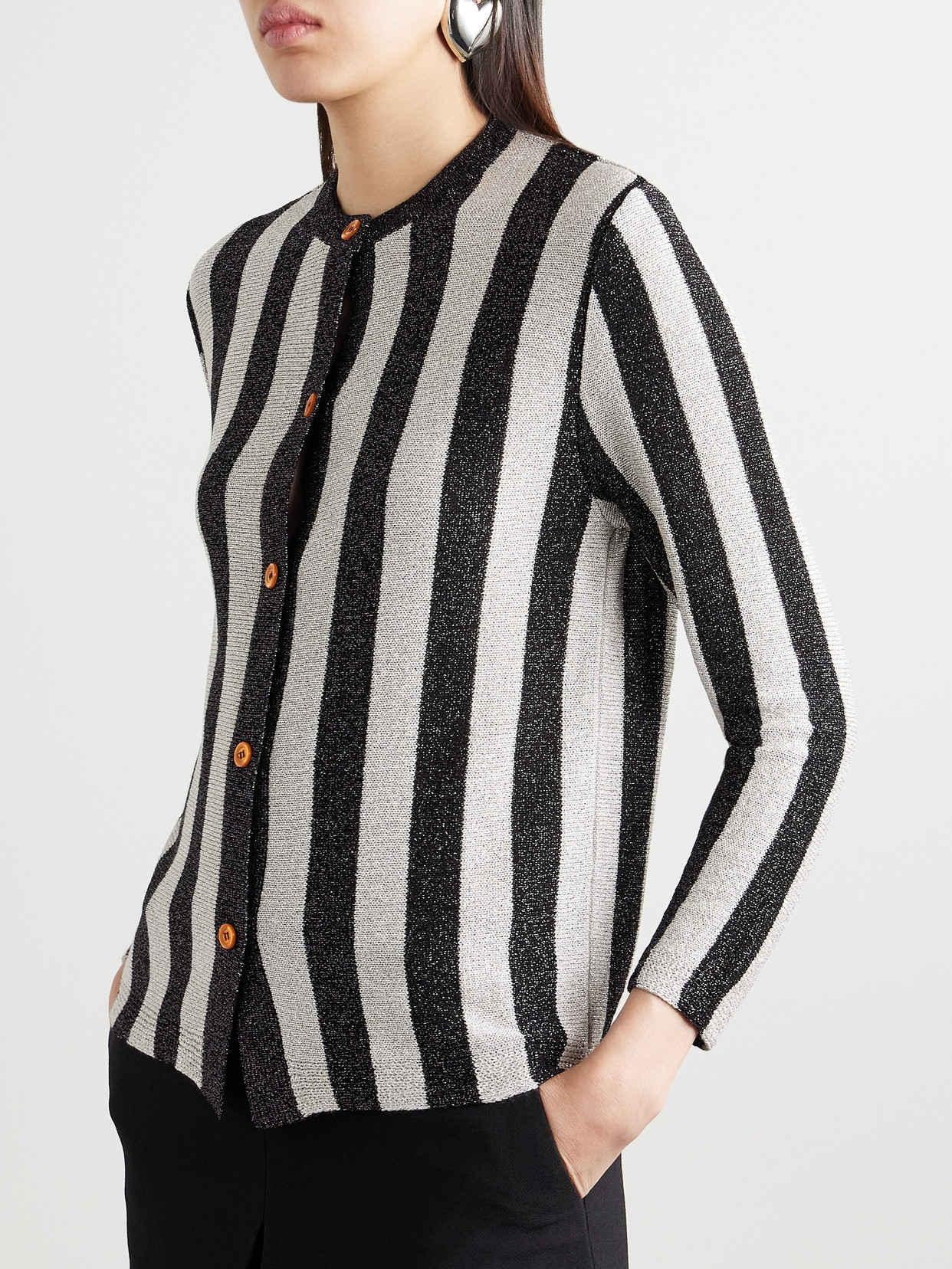 Bode Grandstand Metallic Striped Knitted Cardigan In Black
