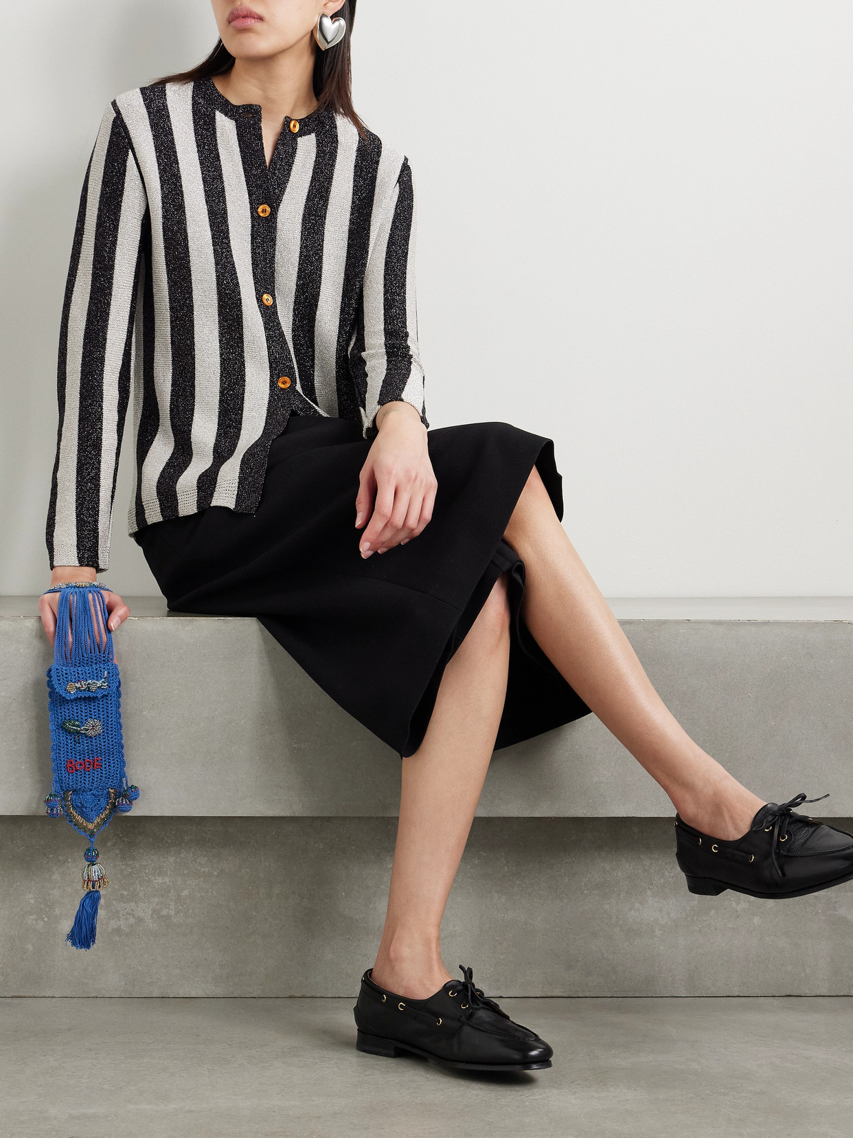 Bode Grandstand Metallic Striped Knitted Cardigan In Black