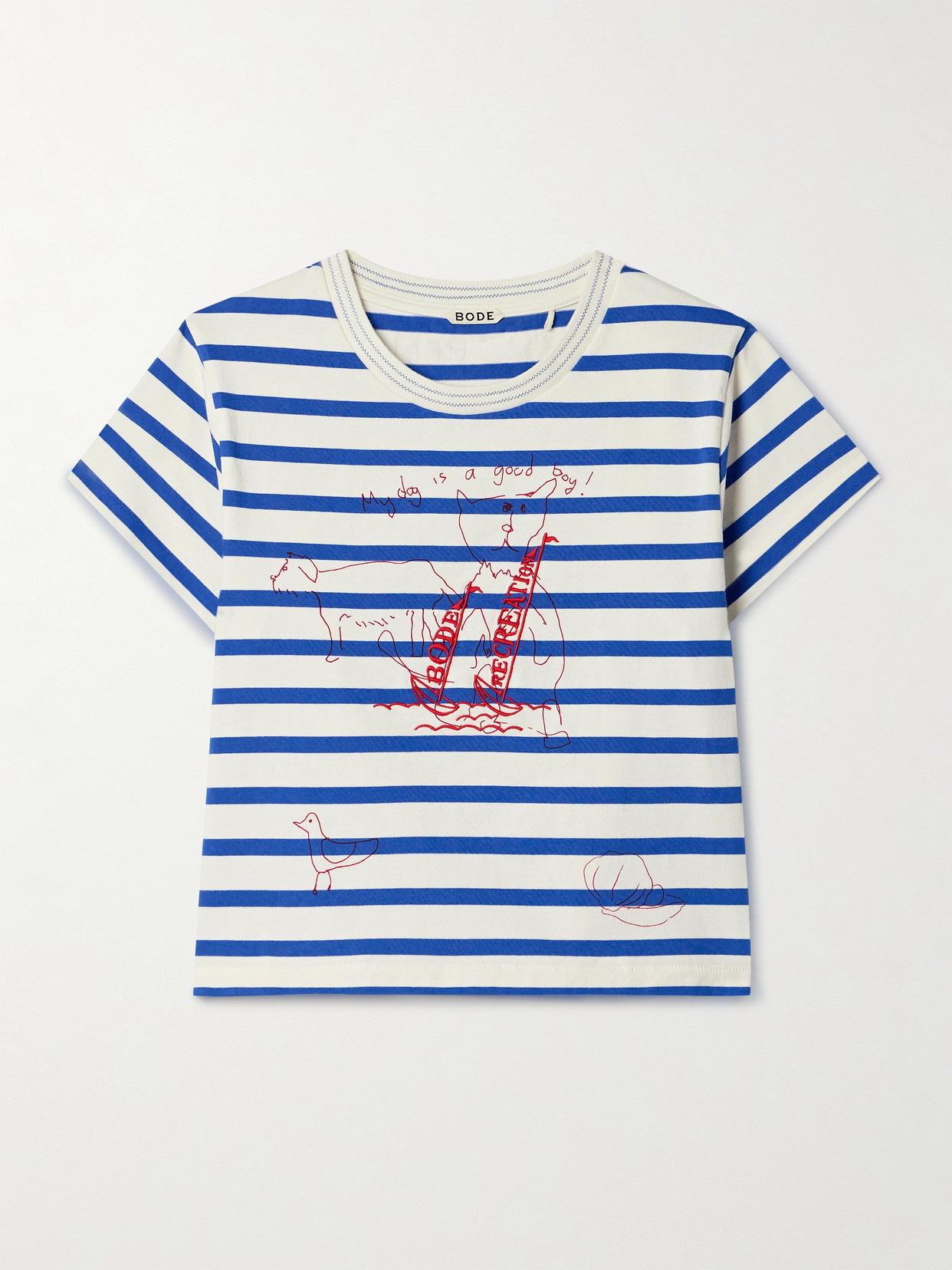 Shop Bode Sails Margate Cropped Embroidered Printed Cotton-jersey T-shirt In Blue