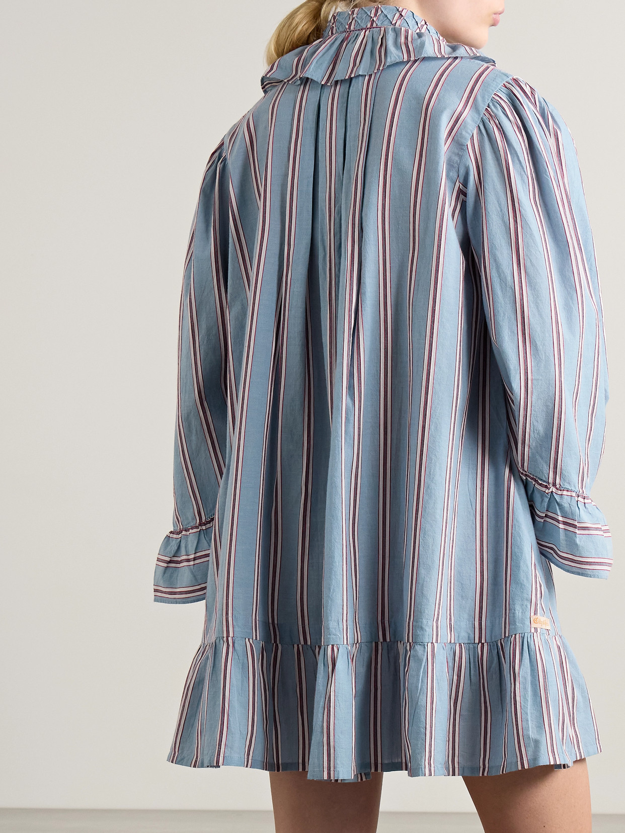 Shop Bode Ruffled Embroidered Striped Cotton-voile Mini Shirt Dress In Blue