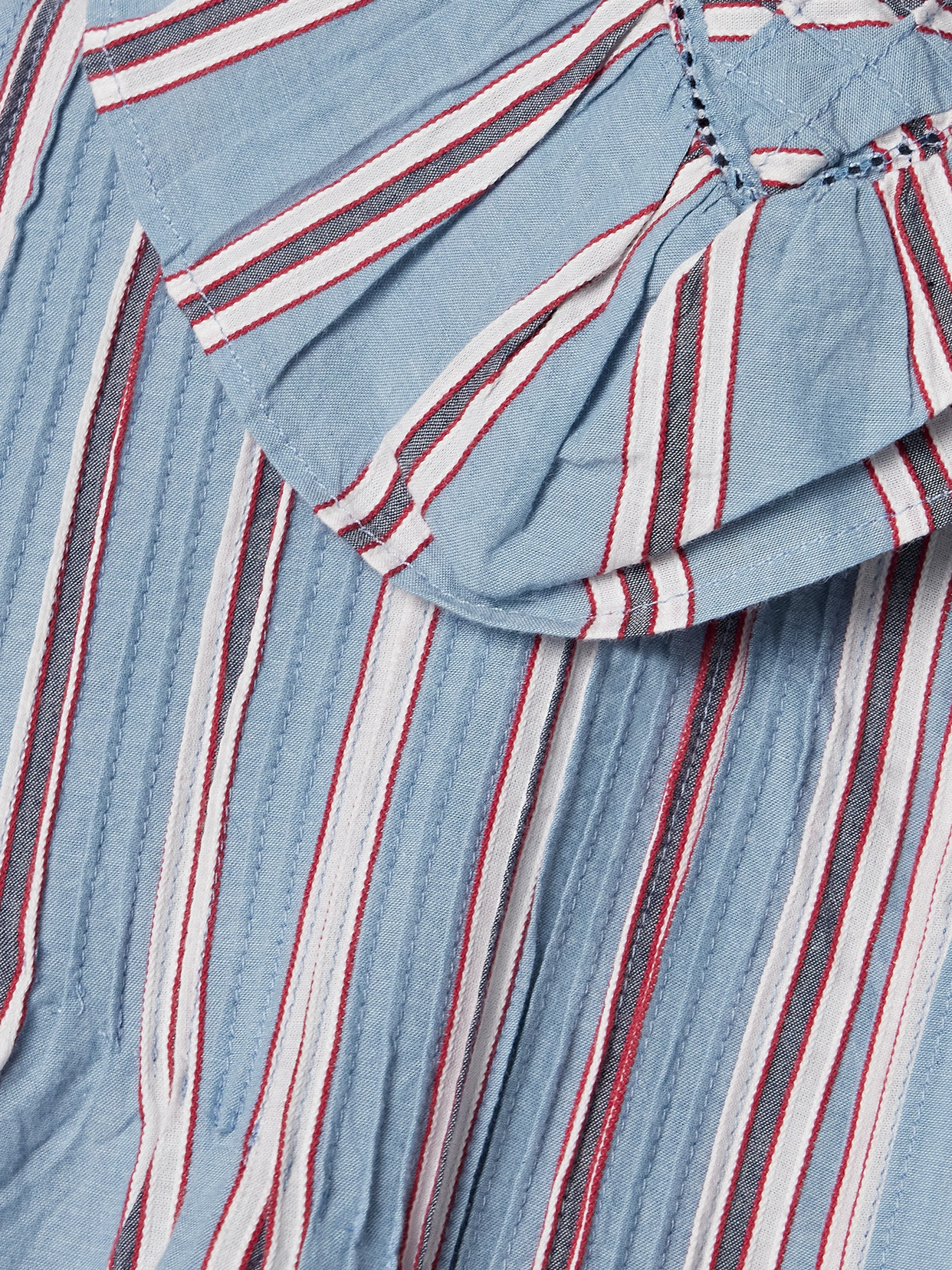 Shop Bode Ruffled Embroidered Striped Cotton-voile Mini Shirt Dress In Blue