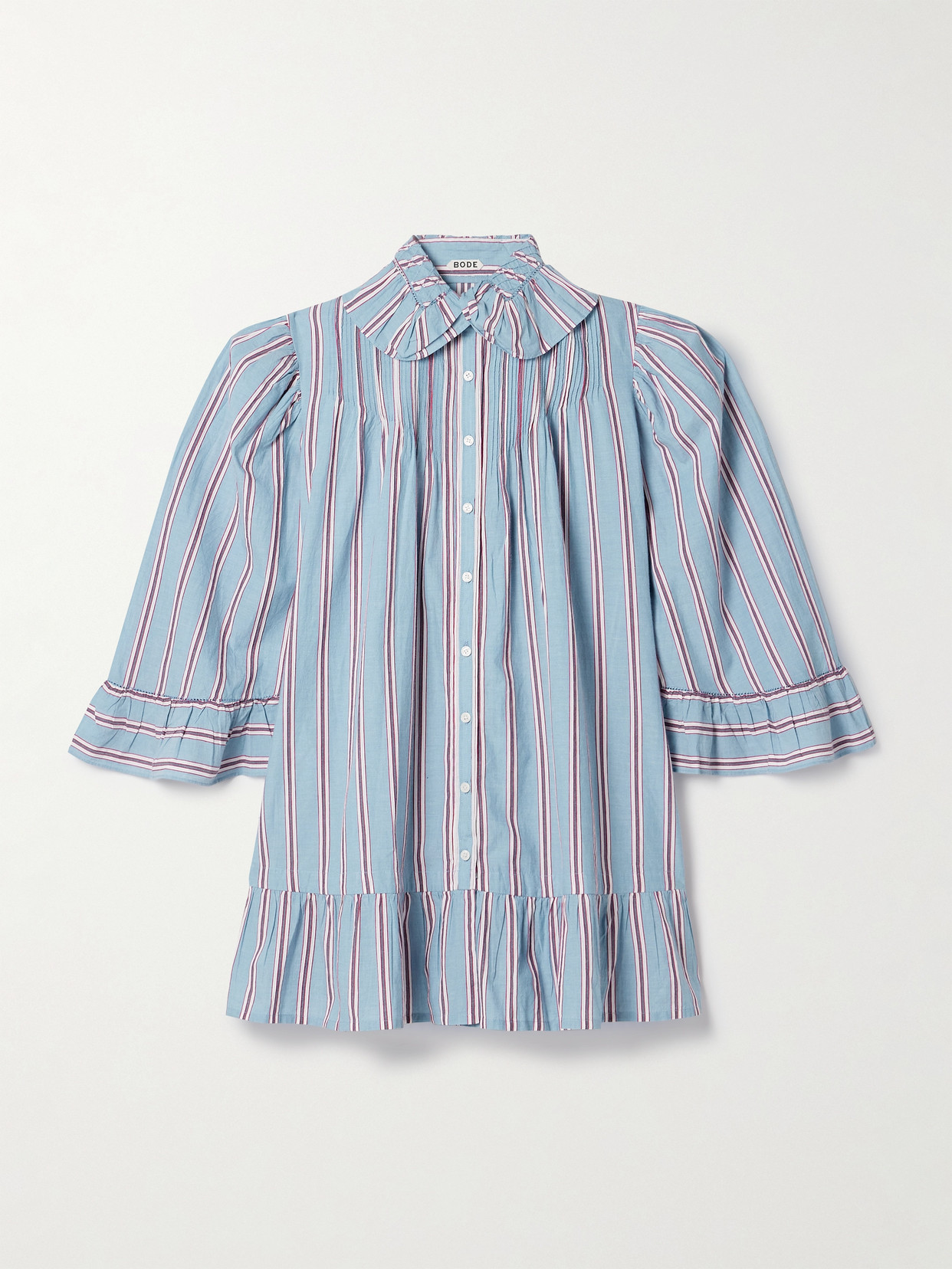 Bode Ruffled Embroidered Striped Cotton-voile Mini Shirt Dress In Blue