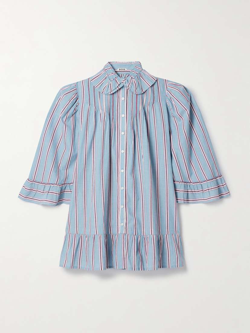 BODE Ruffled Embroidered Striped Cotton-voile Mini Shirt Dress