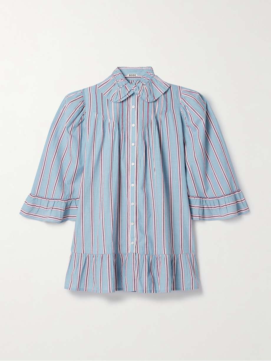 ruffled embroidered striped cotton-voile mini shirt dress