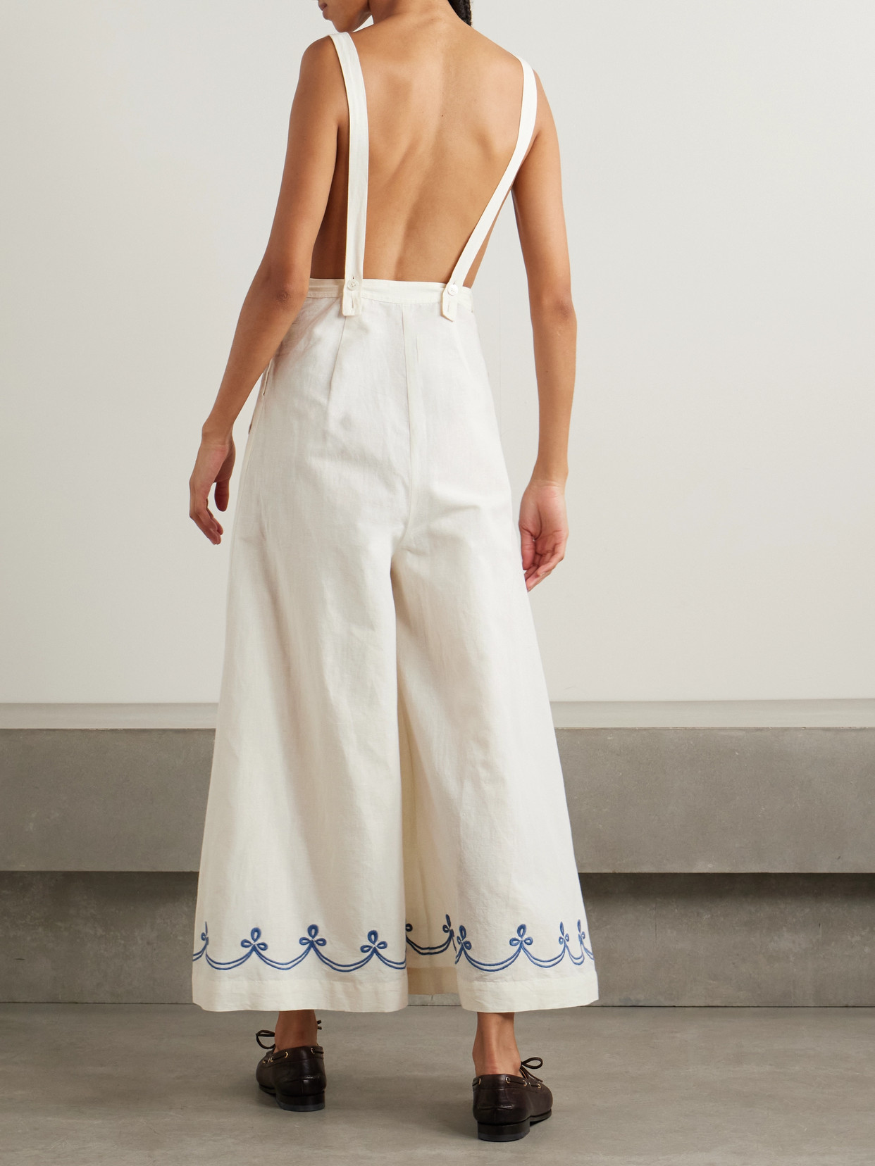 Bode Embroidered Cotton And Linen-blend Jumpsuit In Cream