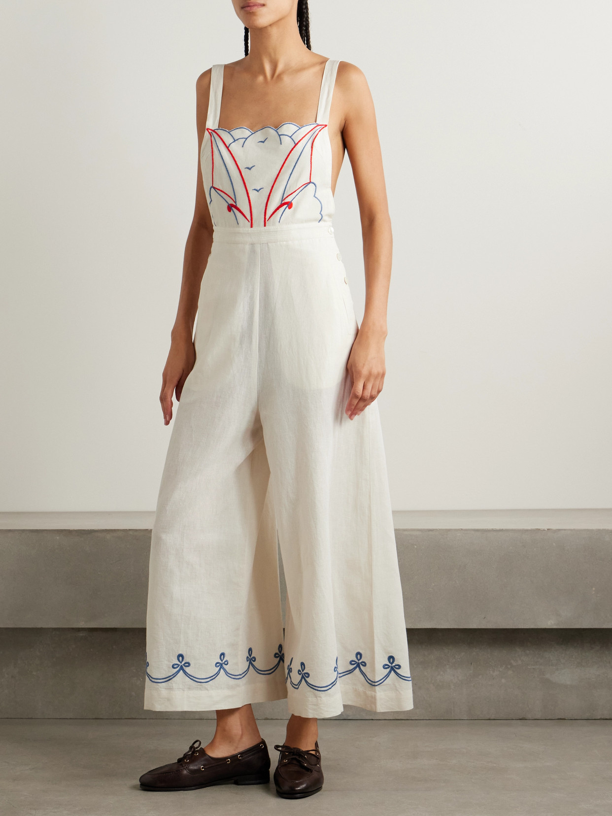Bode Embroidered Cotton And Linen-blend Jumpsuit In Cream