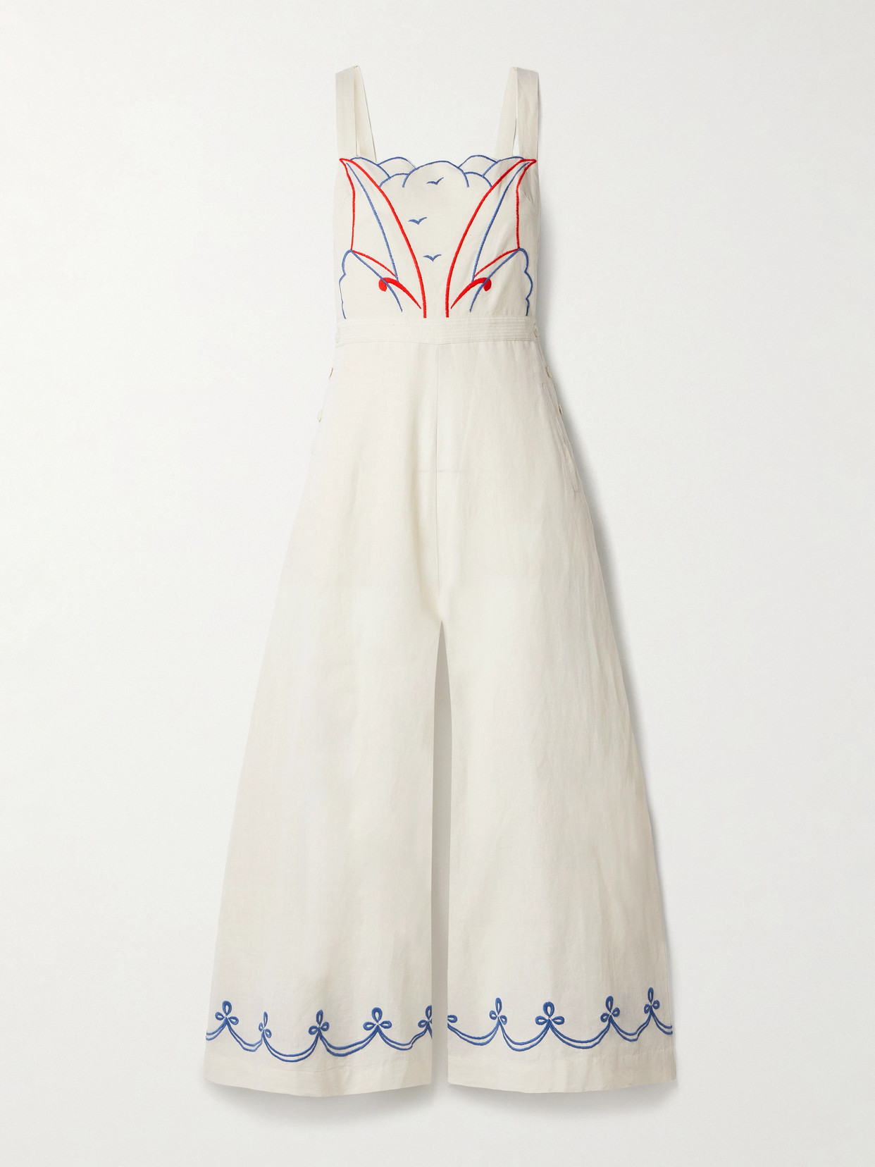 Bode Embroidered Cotton And Linen-blend Jumpsuit In Cream