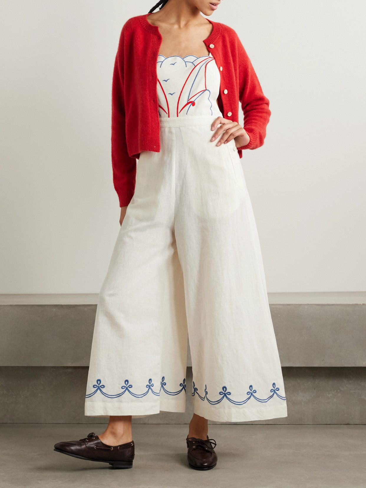 Bode Embroidered Cotton And Linen-blend Jumpsuit In Cream