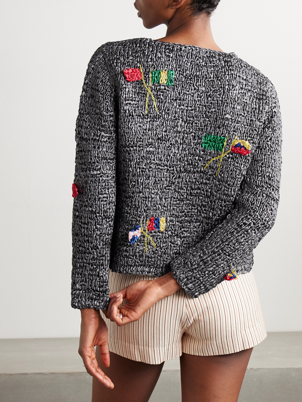 Shop Bode Promenade Crocheted Satin Cardigan In Gray