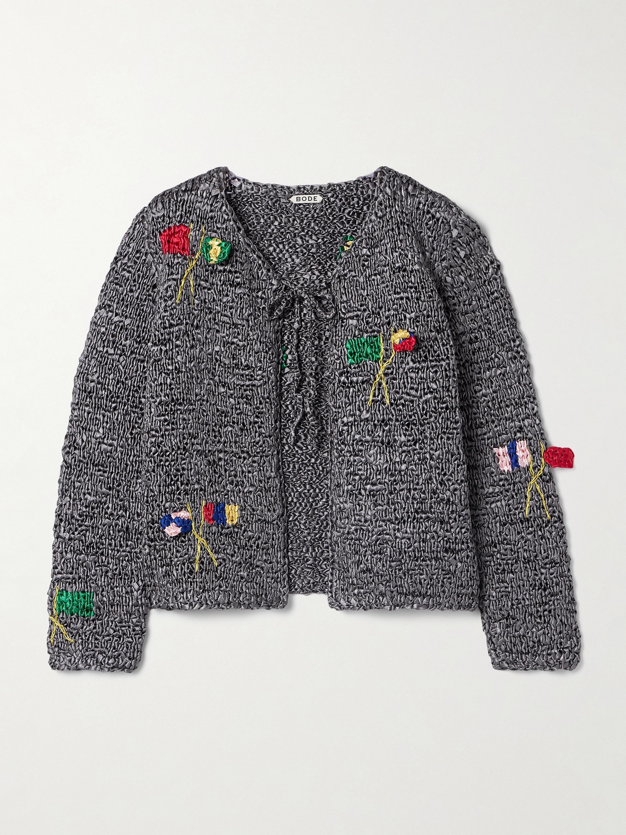 Shop Bode Promenade Crocheted Satin Cardigan In Gray