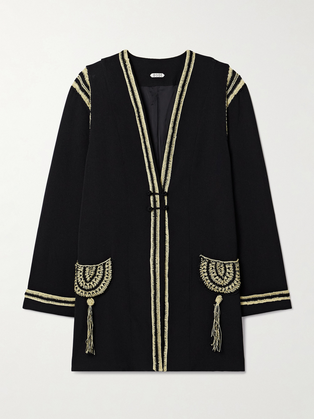 Bode Weedy Crochet-trimmed Crepe Jacket In Black