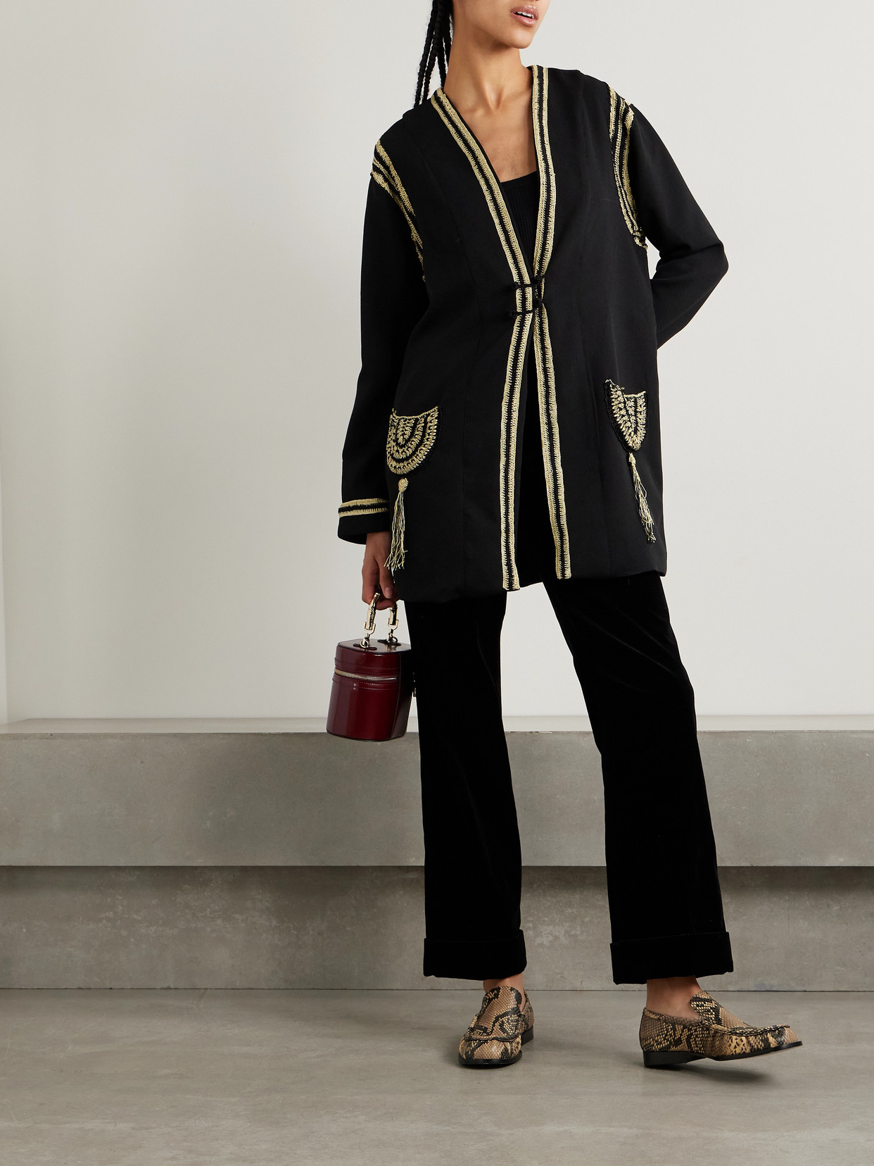 Shop Bode Weedy Crochet-trimmed Crepe Jacket In Black
