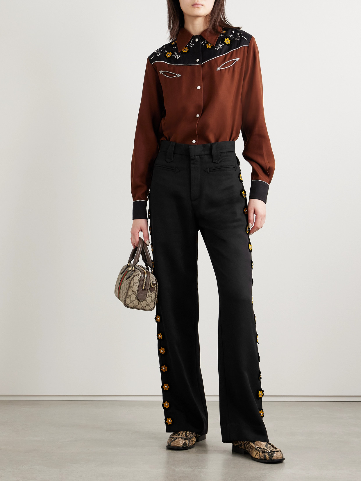 Bode Abilene Studded Appliquéd Twill Straight-leg Pants In Black