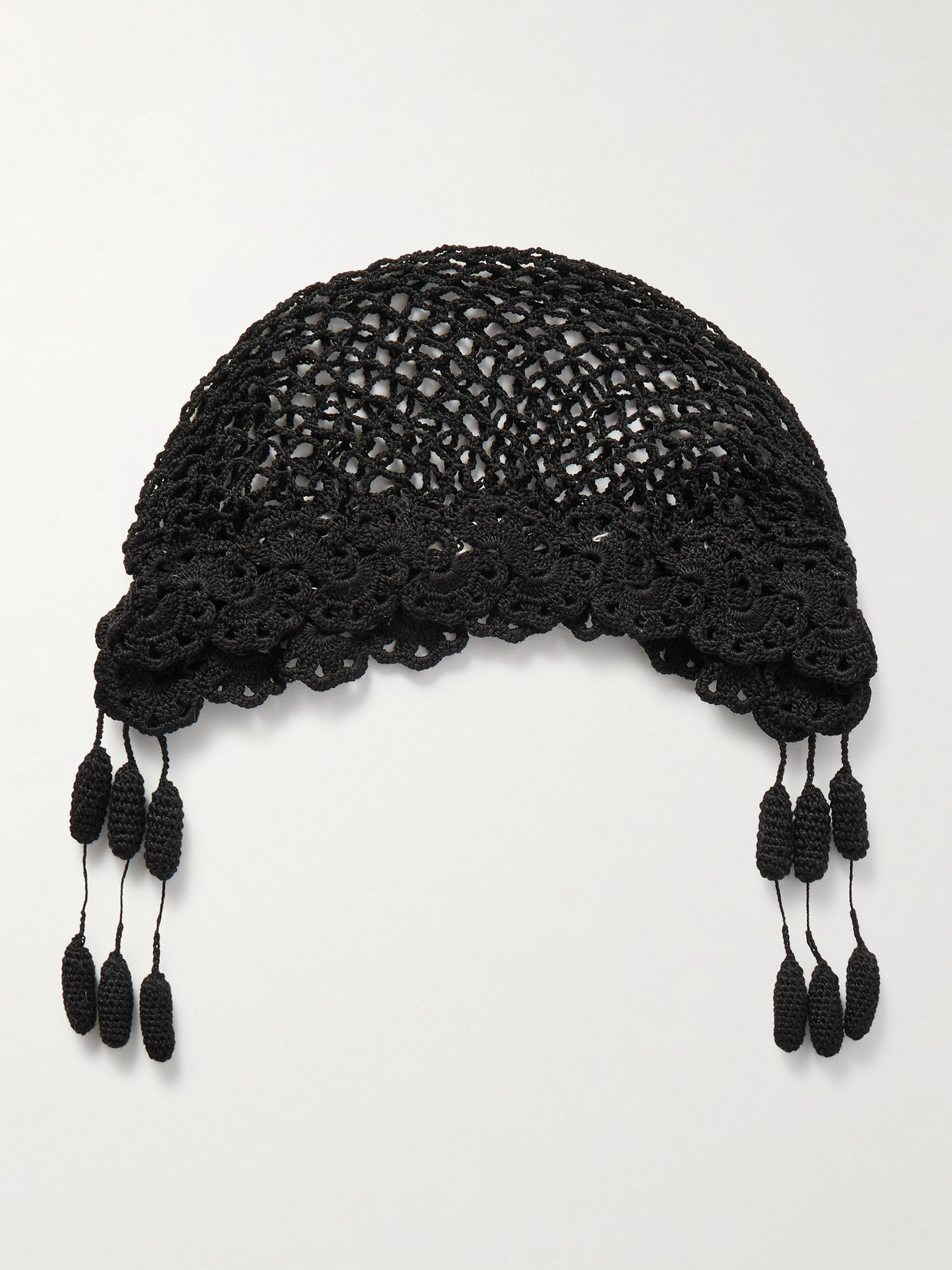 Bode Blossom Tasseled Crocheted Cotton Cap In Black