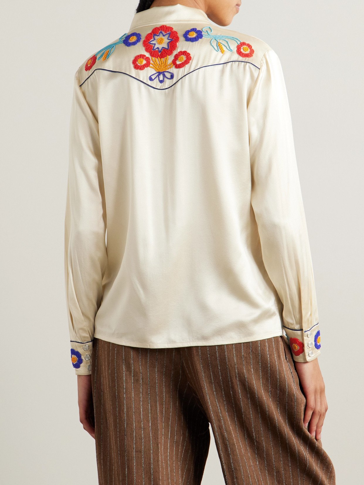 Shop Bode Garden Party Bead-embellished Embroidered Silk-satin Shirt In Cream