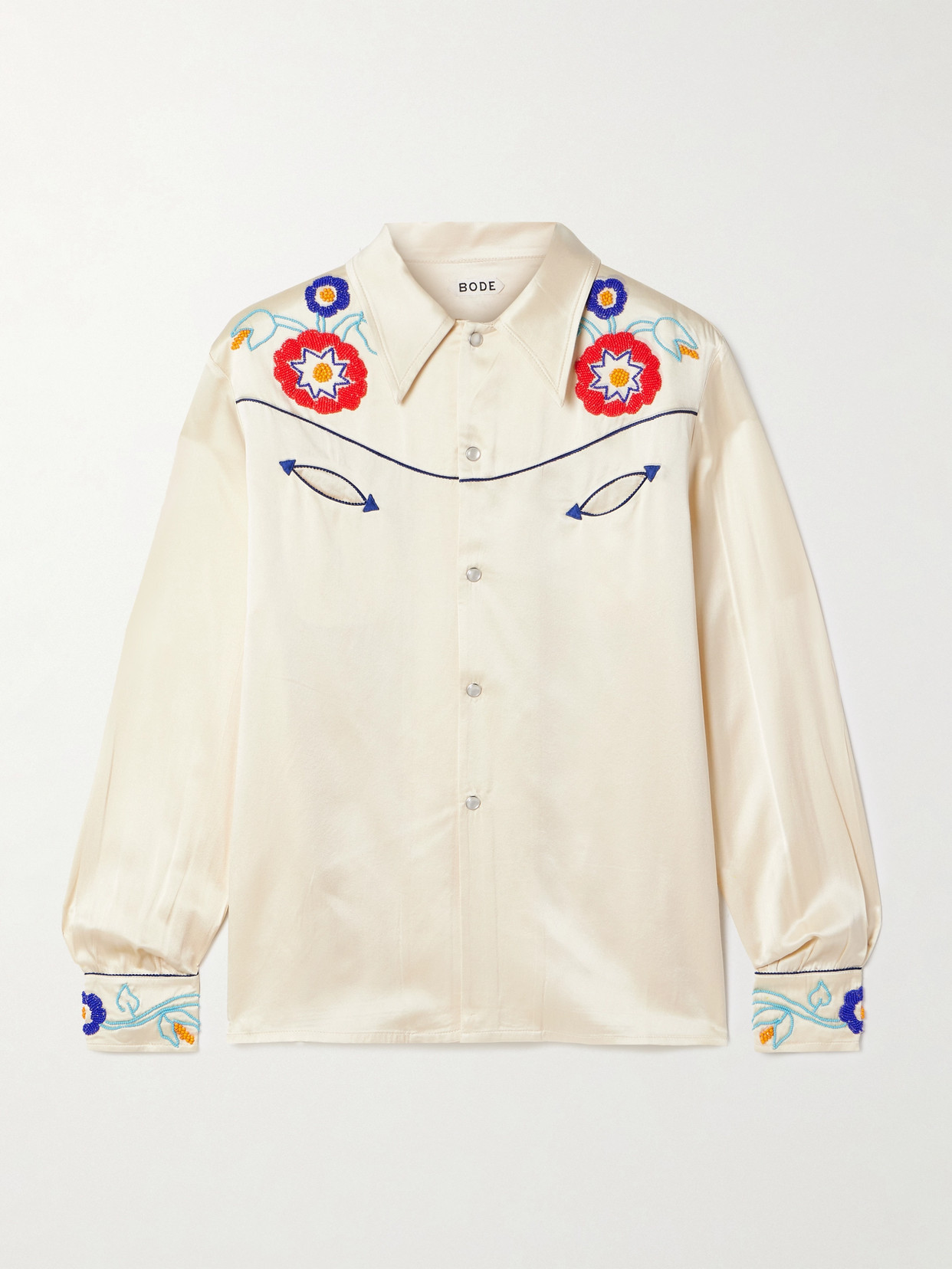 Shop Bode Garden Party Bead-embellished Embroidered Silk-satin Shirt In Cream