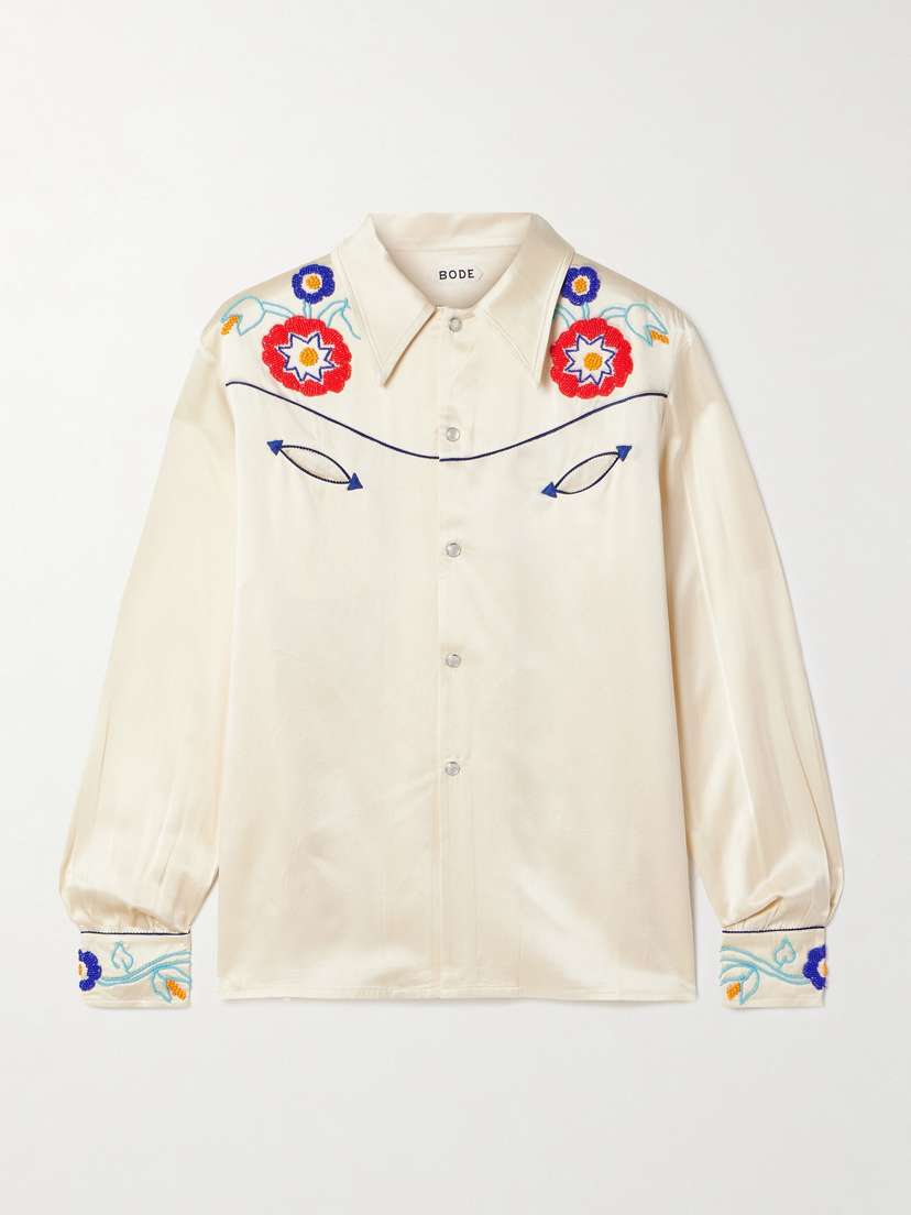 BODE Garden Party Bead-embellished Embroidered Silk-satin Shirt