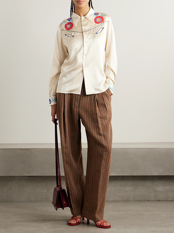 Bode Garden Party bead-embellished embroidered silk-satin shirt