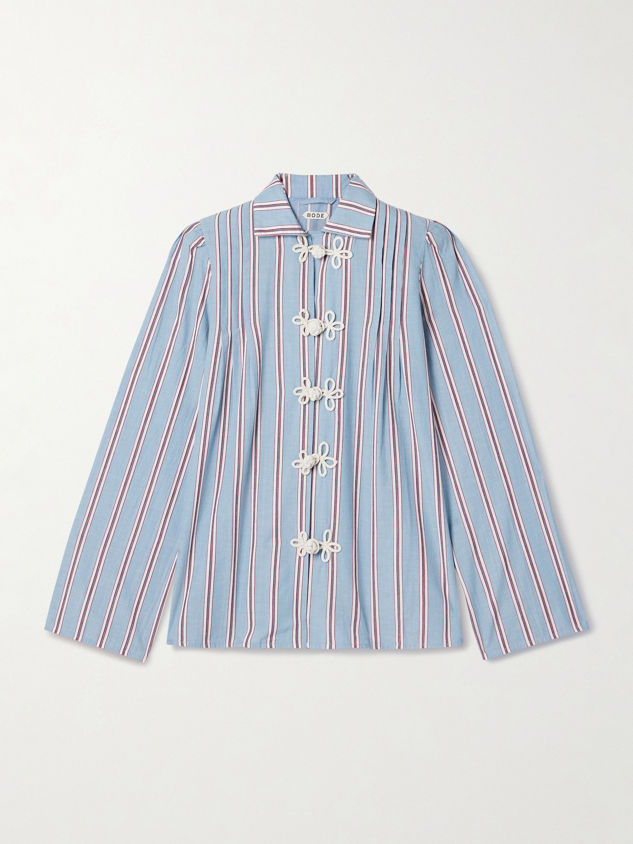 Shop Bode Jonas Embroidered Striped Cotton-voile Shirt In Blue