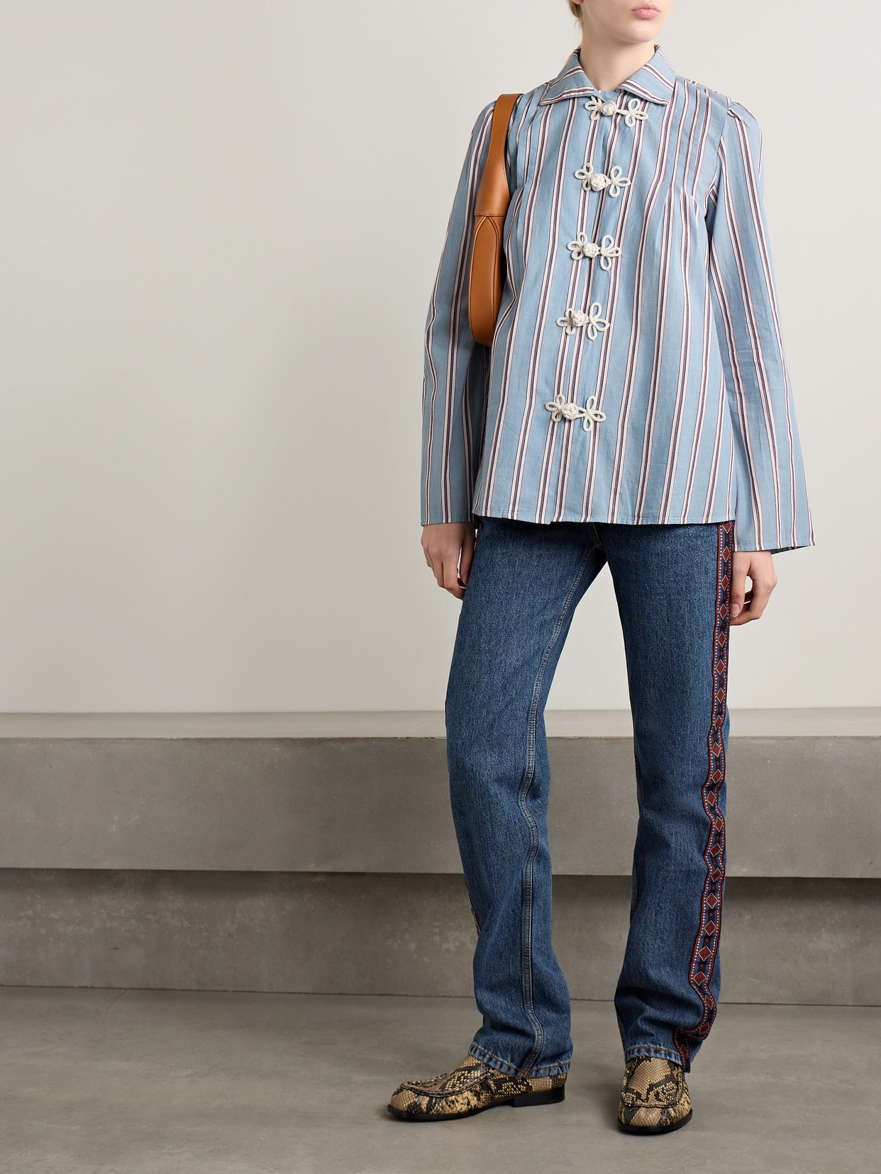 Shop Bode Jonas Embroidered Striped Cotton-voile Shirt In Blue
