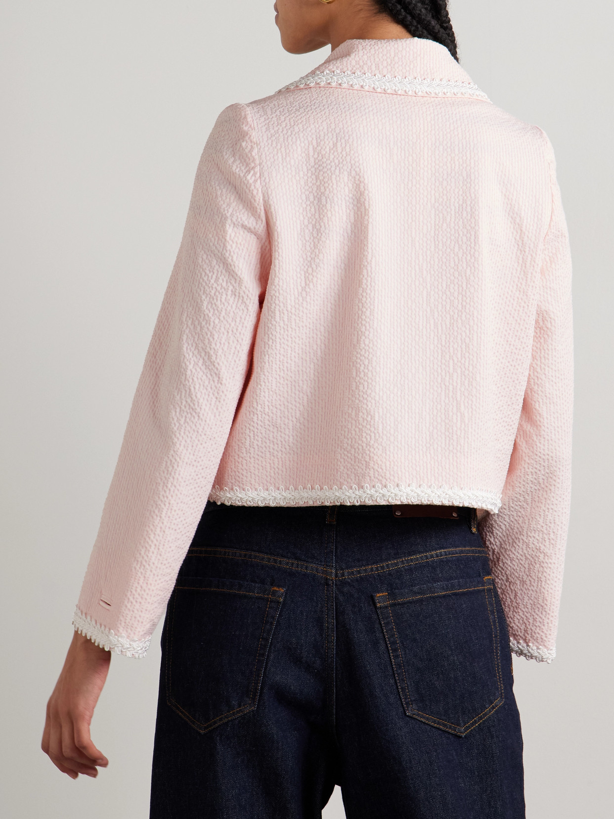 Bode Cropped Appliquéd Striped Cotton-blend Seersucker Jacket In Pink