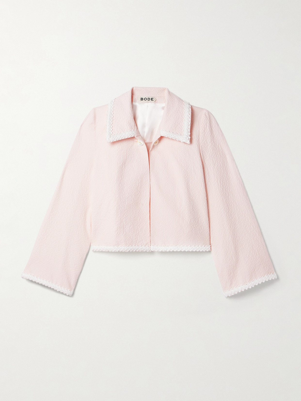 Bode Cropped Appliquéd Striped Cotton-blend Seersucker Jacket In Pink