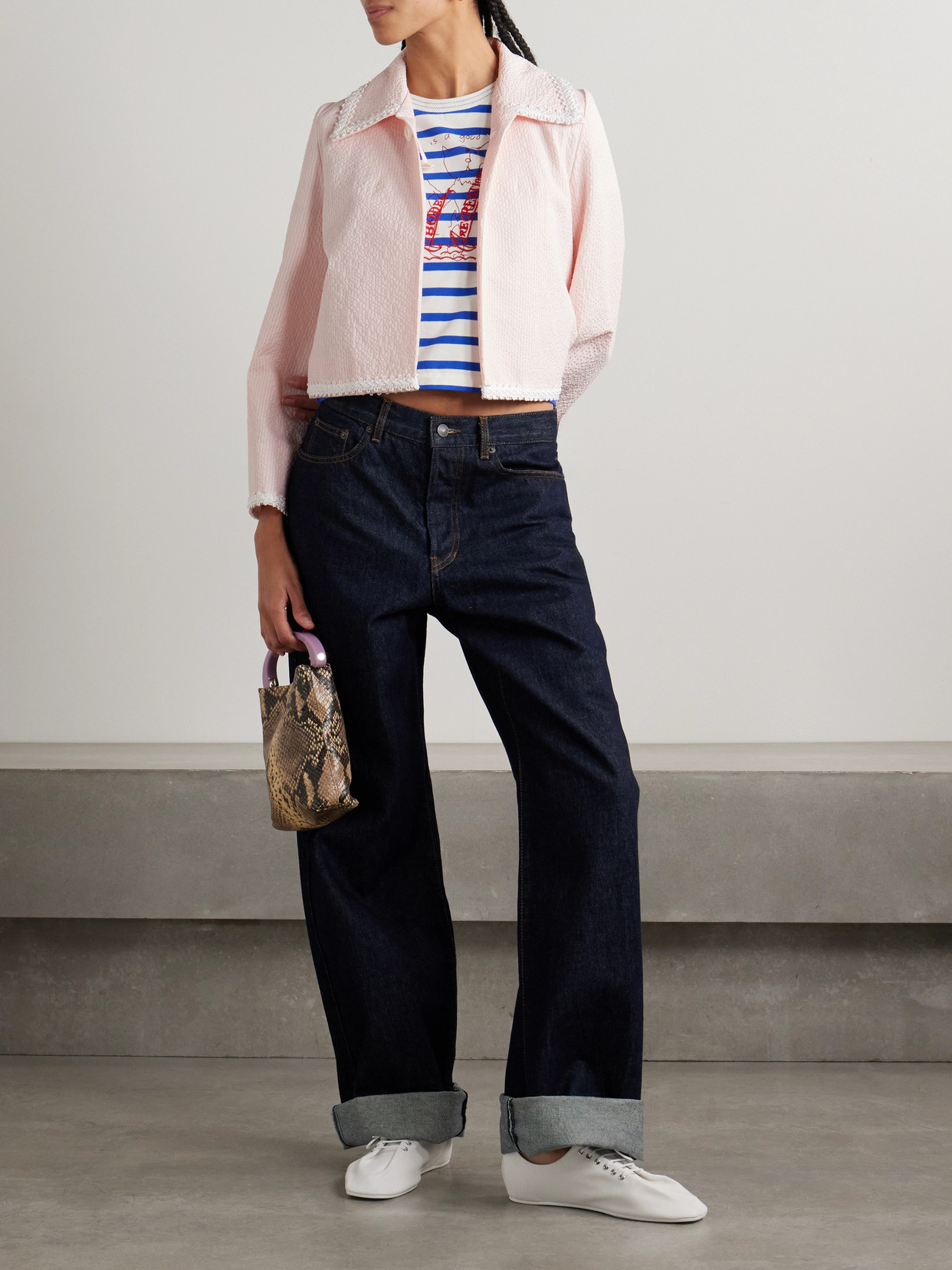 Bode Cropped Appliquéd Striped Cotton-blend Seersucker Jacket In Pink