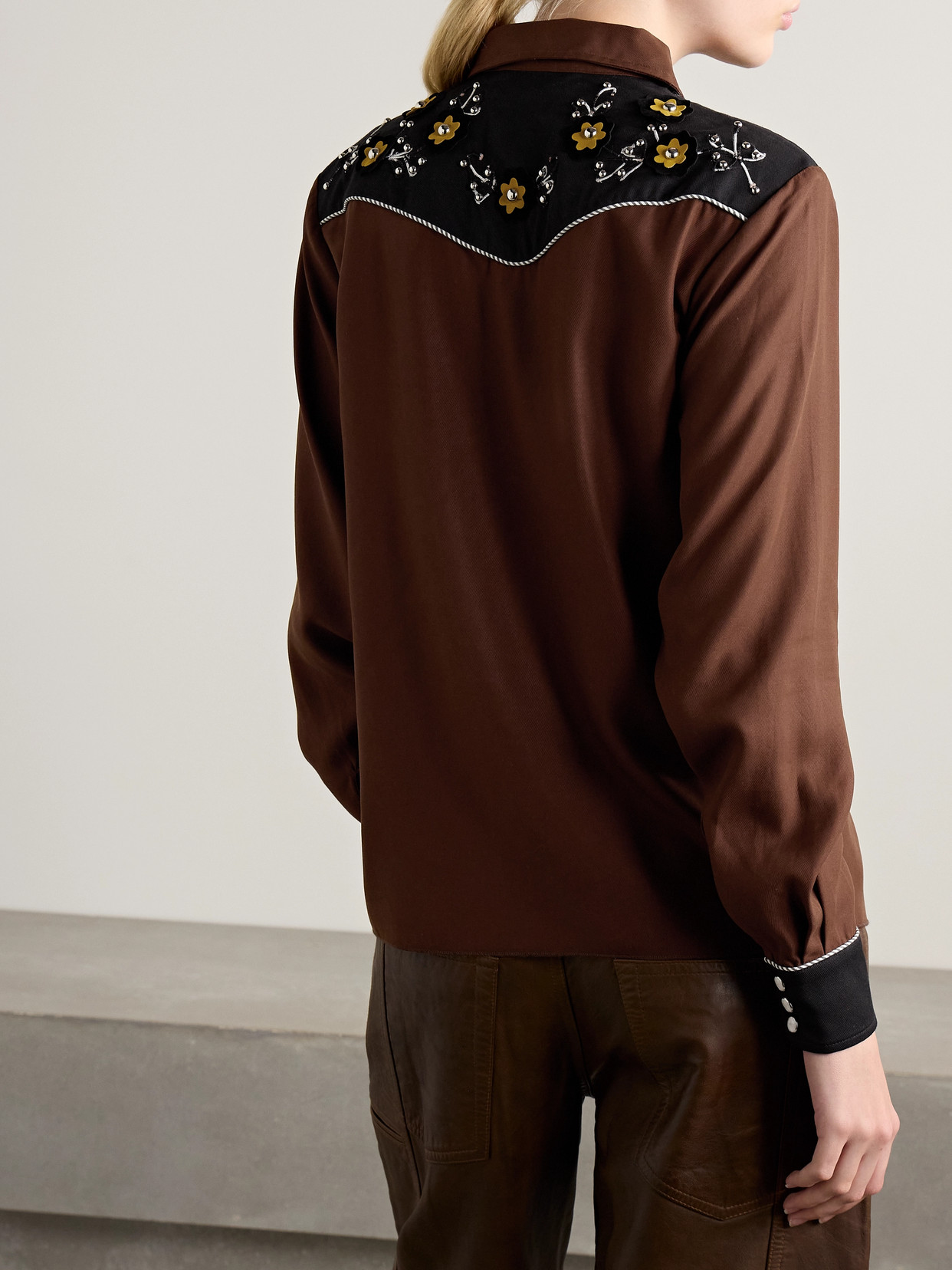 BODE ABILENE STUDDED APPLIQUÉD PANELED TWILL SHIRT