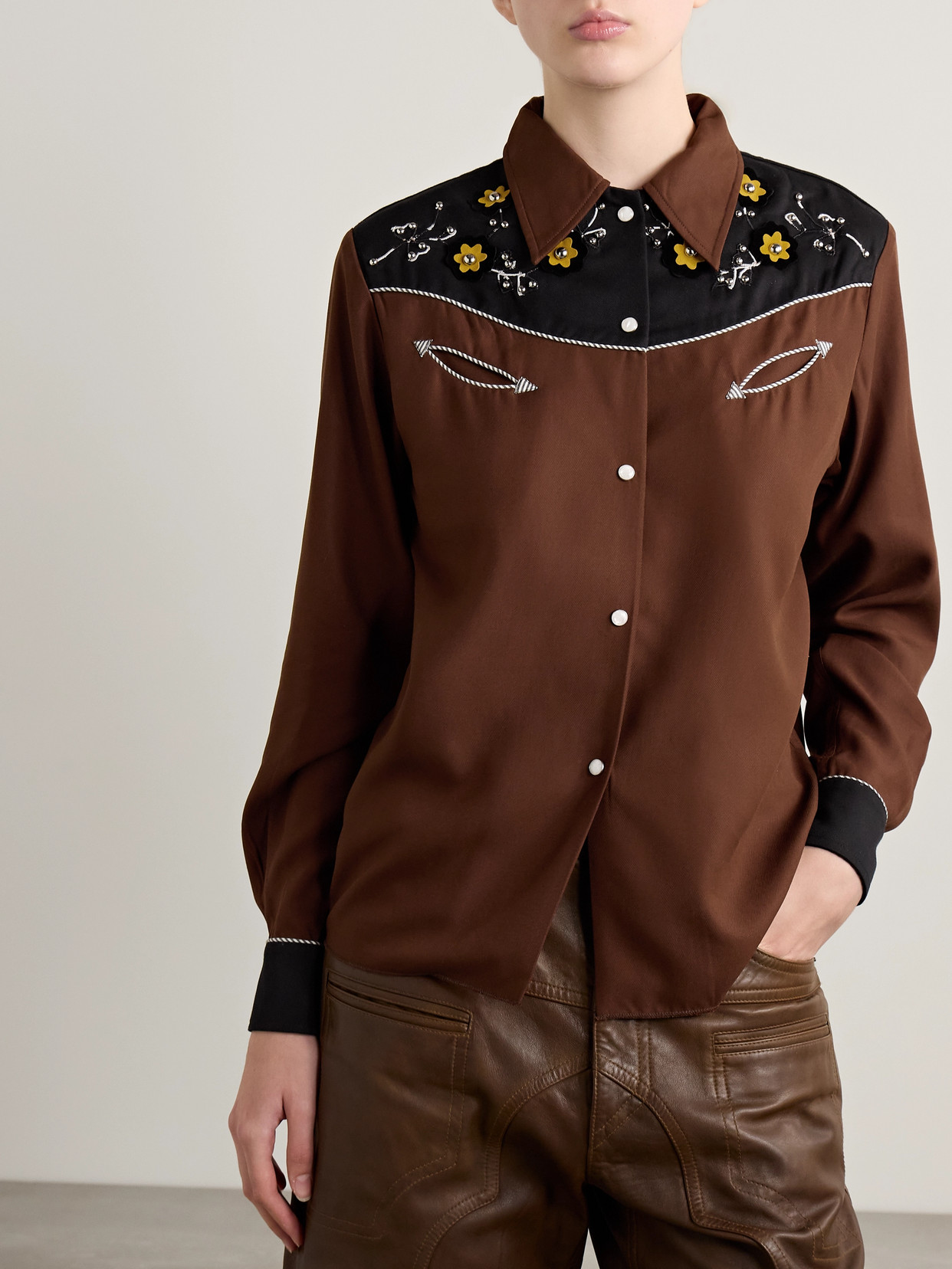 BODE ABILENE STUDDED APPLIQUÉD PANELED TWILL SHIRT
