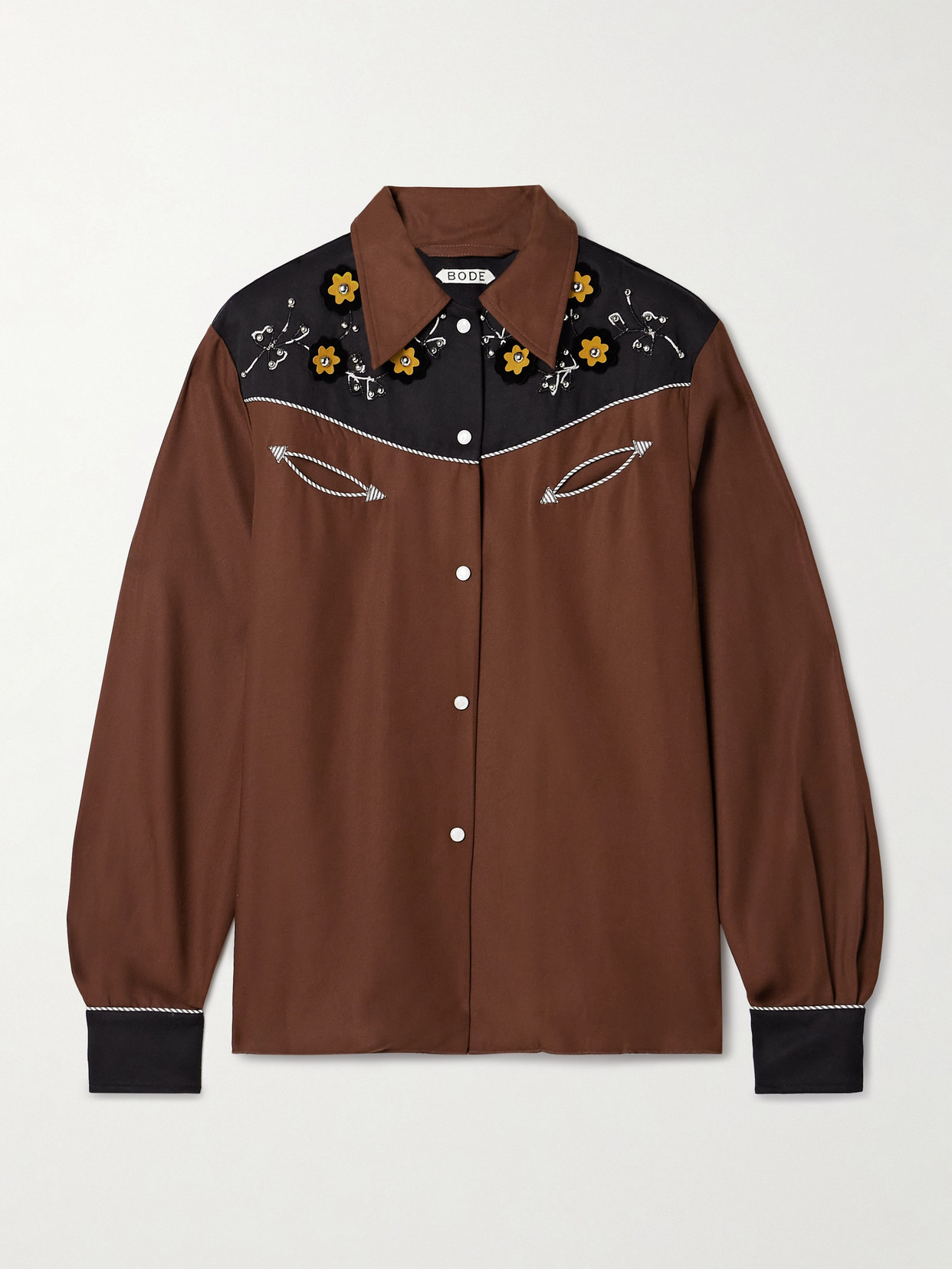 BODE ABILENE STUDDED APPLIQUÉD PANELED TWILL SHIRT