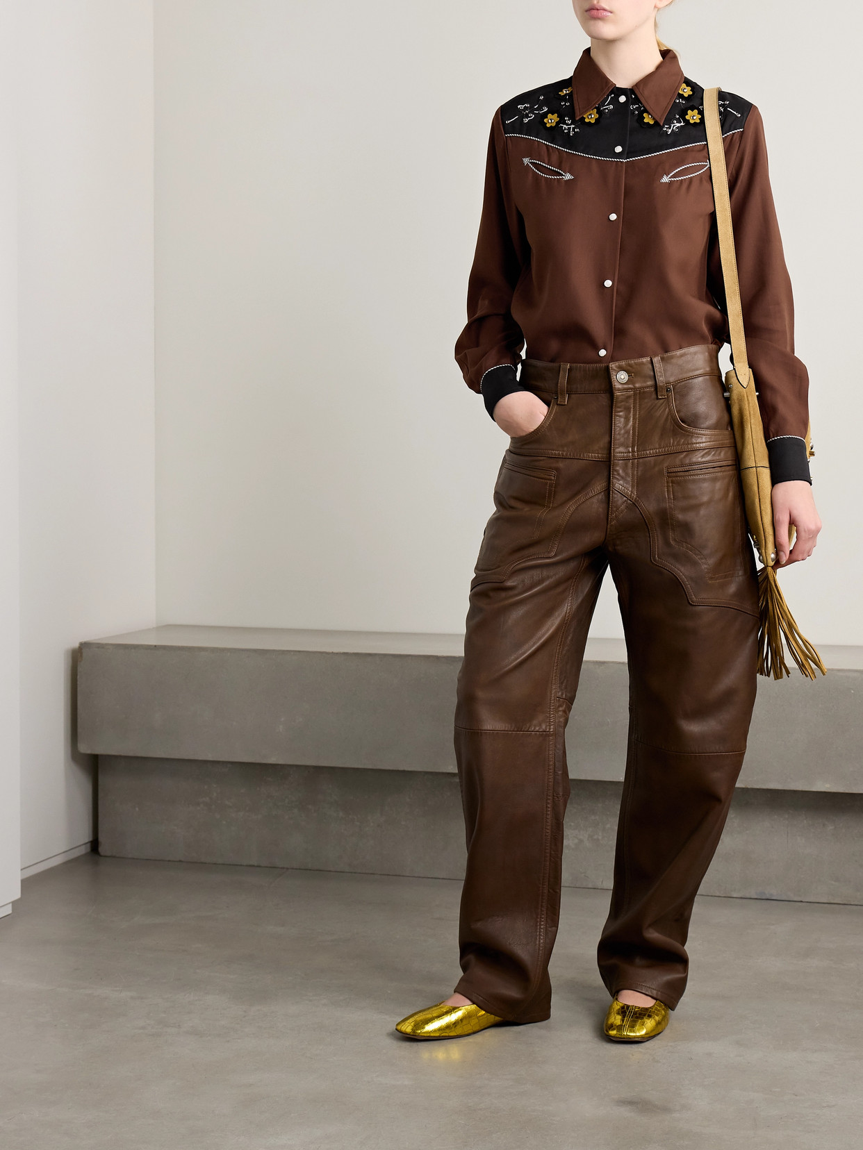 BODE ABILENE STUDDED APPLIQUÉD PANELED TWILL SHIRT