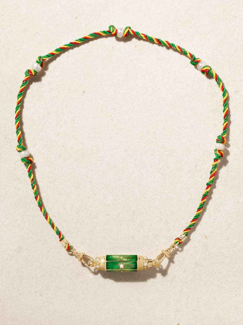 Marie Lichtenberg Baby Locket 14-karat Gold, Diamond, Pearl, Enamel And Cord Necklace