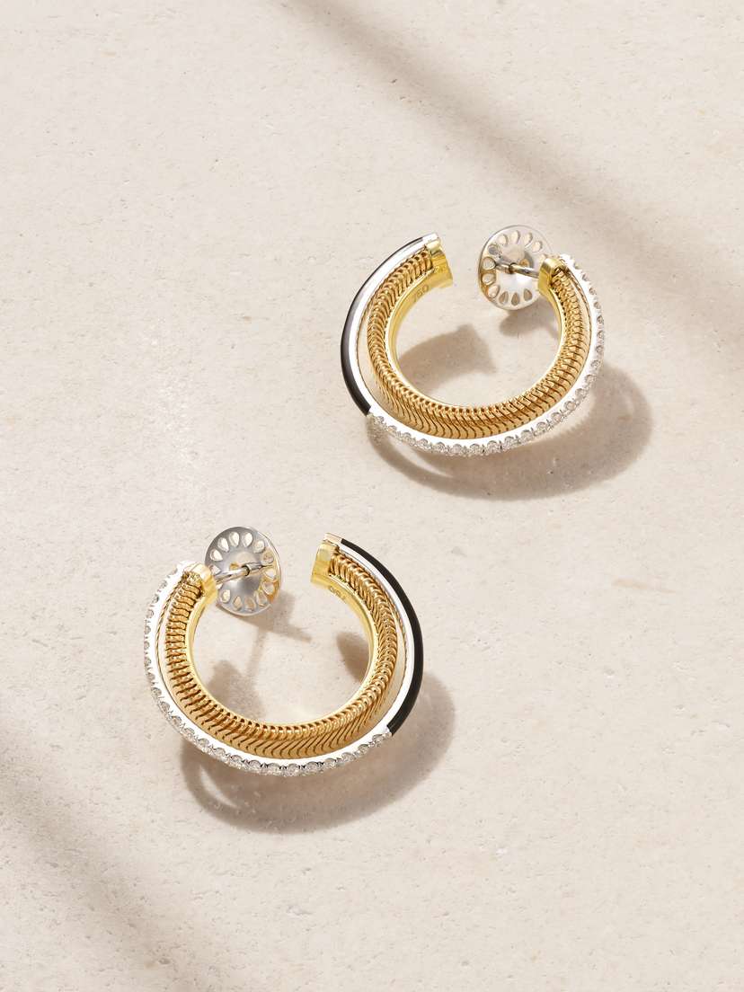 Nikos Koulis 18-karat Yellow And White Gold, Diamond And Enamel Earrings