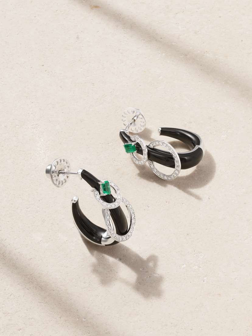 Nikos Koulis 18-karat White Gold, Enamel, Diamonds And Emerald Hoop Earrings