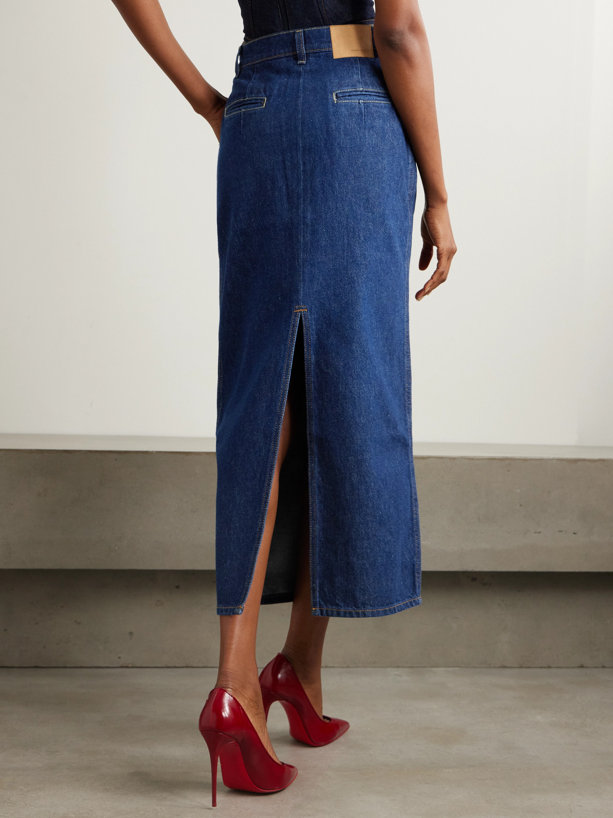Magda Butrym High-waisted Denim Skirt With Pockets And Slit In Blue