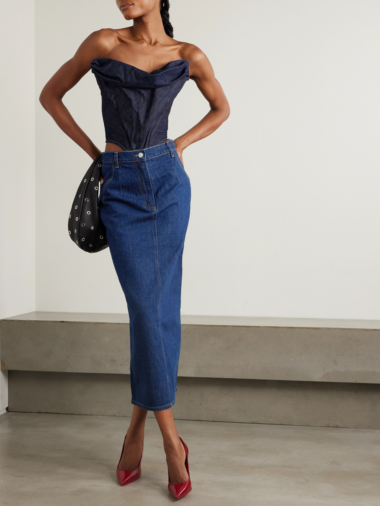 Magda Butrym High-waisted Denim Skirt With Pockets And Slit In Blue