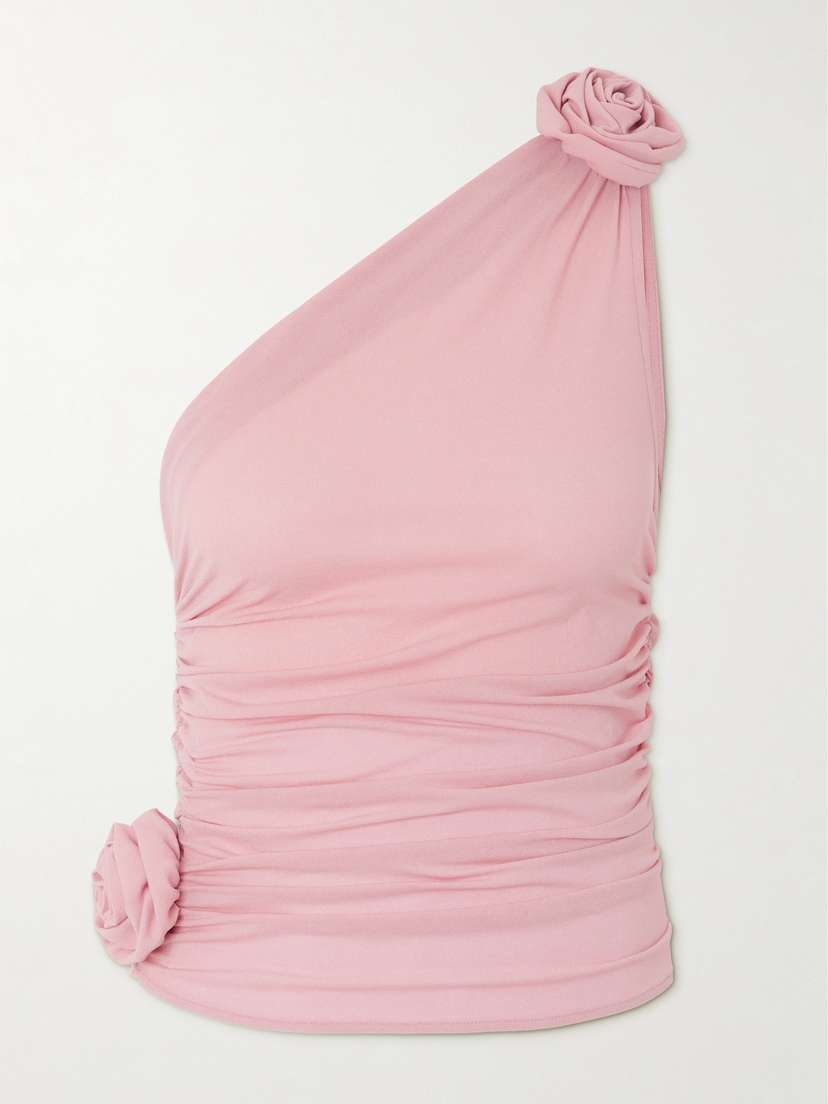 Magda Butrym One-shoulder Appliquéd Ruched Stretch-silk Top