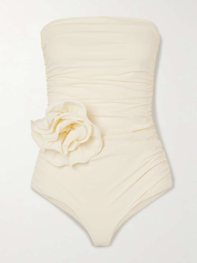 Magda Butrym Strapless Appliquéd Ruched Swimsuit