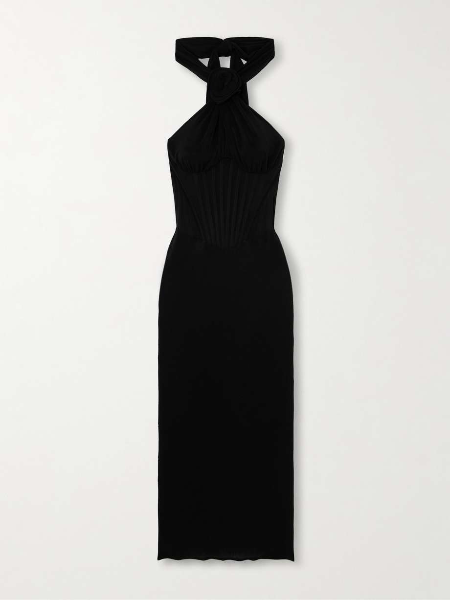 appliquéd stretch-tulle halterneck midi dress