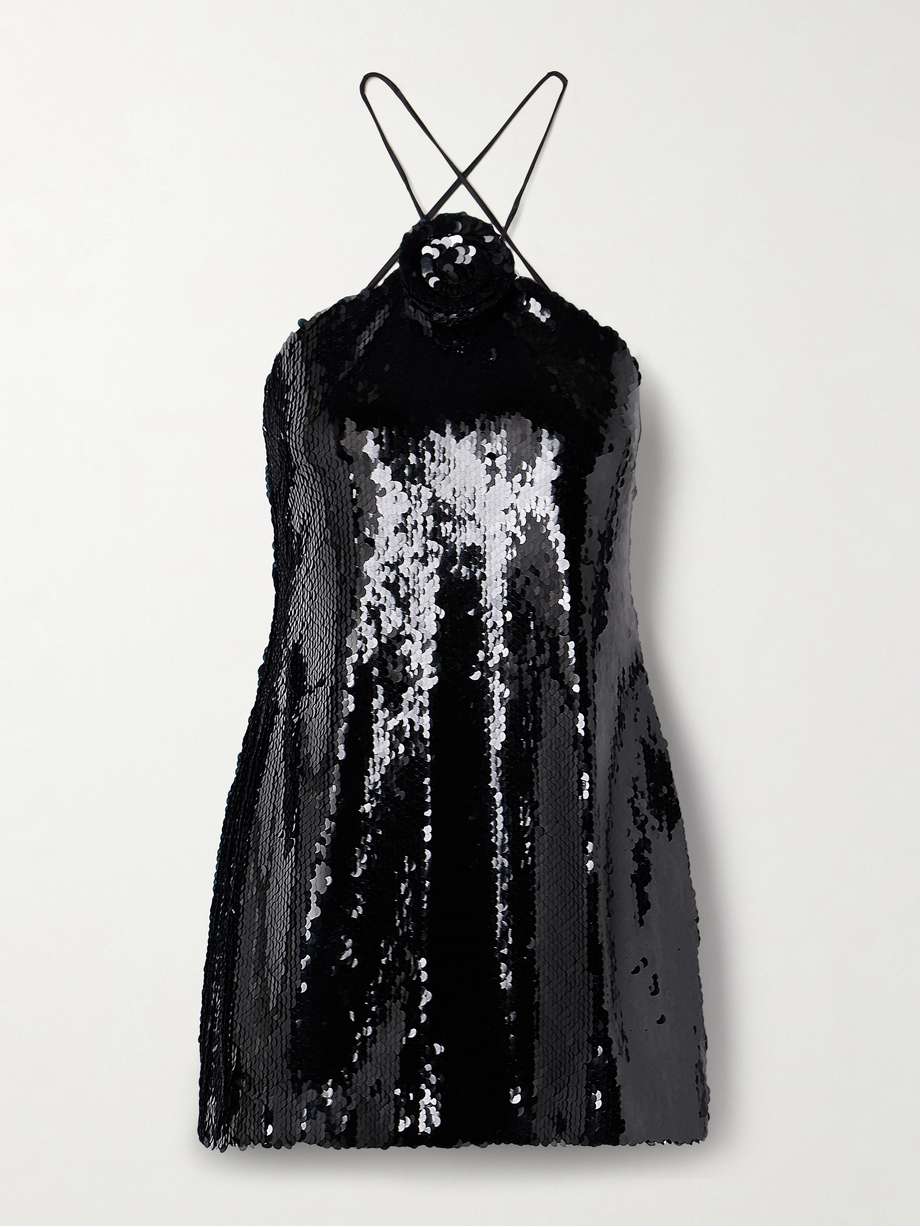 open-back appliquéd sequined tulle halterneck mini dress