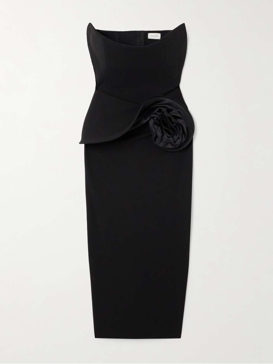 strapless appliquéd crepe midi dress