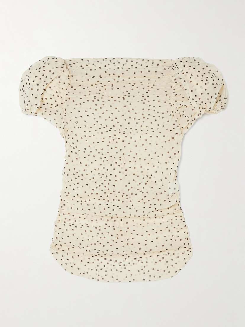 Magda Butrym Ruched Polka-dot Print Stretch-silk Chiffon Top