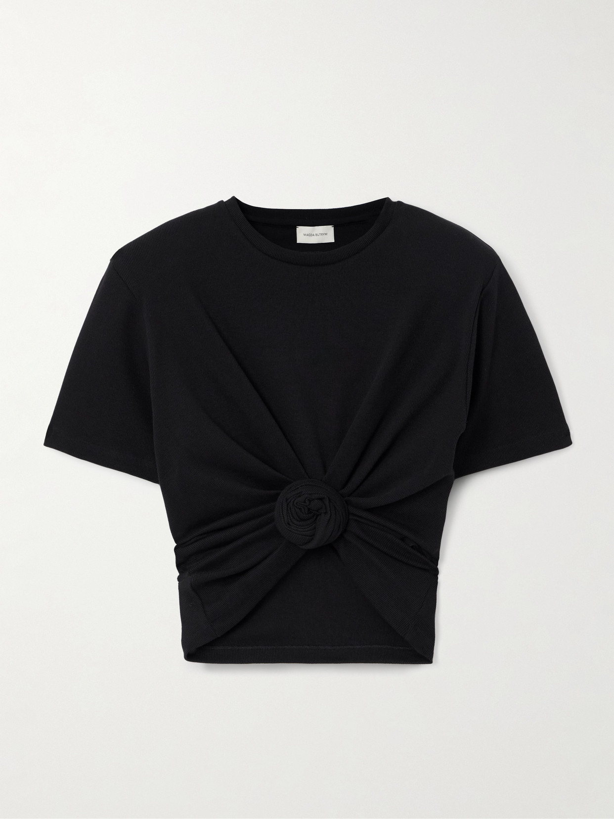 Magda Butrym Twist-front Ribbed Cotton-blend Jersey T-shirt In Black
